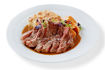 Hovězí Rib Eye steak sous-vide s pepřovou omáčkou z hovězího vývaru, gratinovanými smetanovými brambory a máslovou mrkví