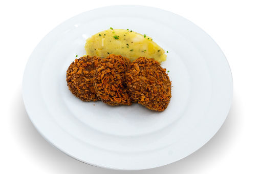 Obrázek Veganský karbanátek s čočkou, šťouchané brambory, kyselá okurka